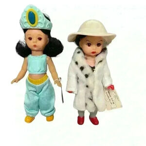 Madame Alexander Wendy dolls as Cruella and Jasmine VTG tiny dolls measuring <6”